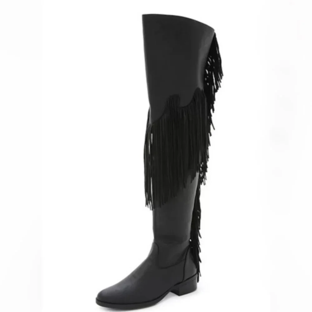Schutz Kin Tall Fringe Black Leather Over The Knee Boots